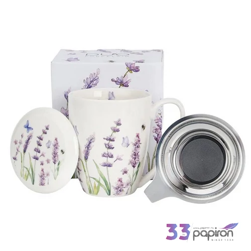 Bögre porcelán 380ml CLASSIC LAVENDER-levendulás Díszdobozban rozsdamentes teaszűrővel