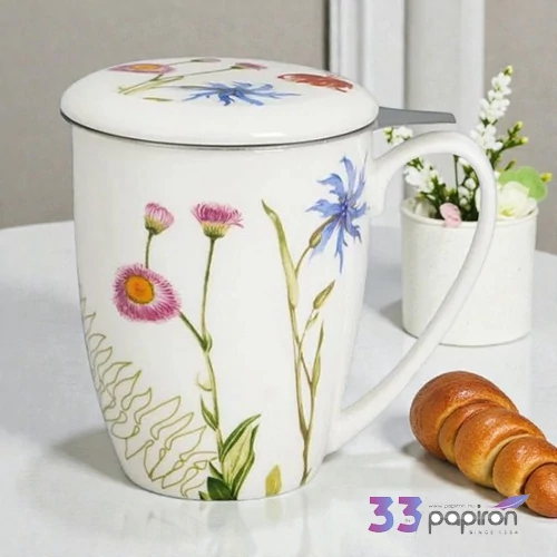 Bögre porcelán 360ml COLORS OF NATURE-virágos Díszdobozban rozsdamentes teaszűrővel