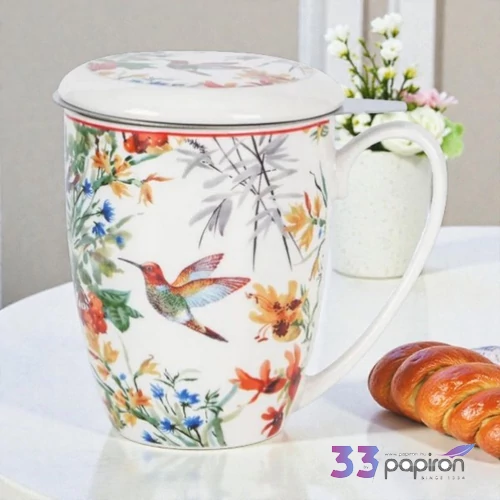 Bögre porcelán 380ml LINNEA rozsdamentes teaszűrővel Díszdobozban-kolibris