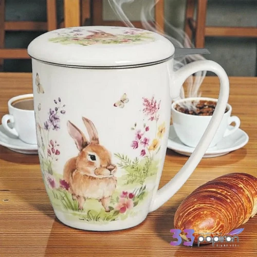 Bögre porcelán 360ml SPRING BLISS-Nyuszis Díszdobozban rozsdamentes teaszűrővel