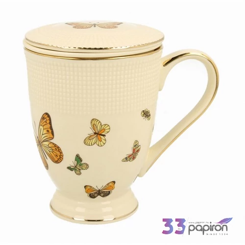 Bögre porcelán 400ml BUTTERFLIES ECRU-pillangós Díszdobozban teaszűrővel