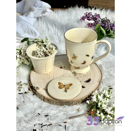 Bögre porcelán 400ml BUTTERFLIES ECRU-pillangós Díszdobozban teaszűrővel