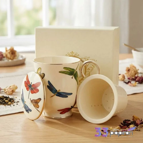 Bögre porcelán 450ml DRAGONFLIES ECRU Díszdobozban teaszűrővel