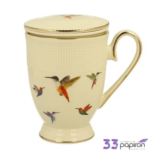 Bögre porcelán 400ml HUMMINGBIRD ECRU-kolibris Díszdobozban teaszűrővel