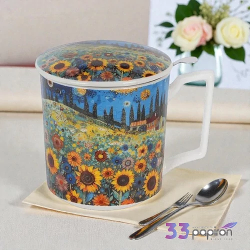Bögre porcelán 450ml MODERN SUNFLOWER FIELD Díszdobozban teaszűrővel