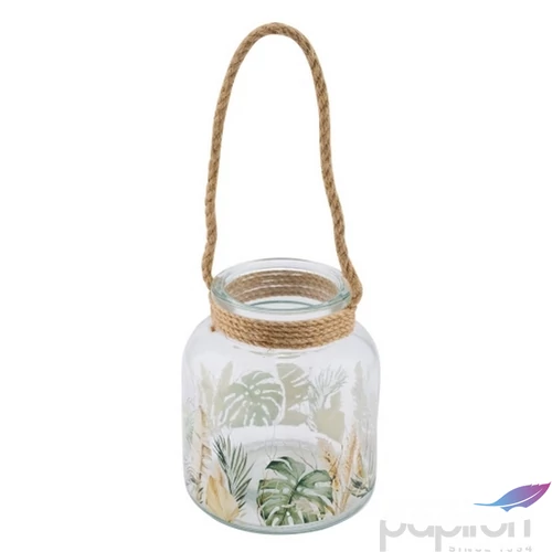 Mécsestartó üveg leveles kötél füllel 14,5x14,5x16cm