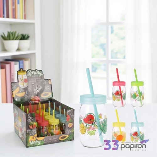 Bögre üveg szívószállal 370ml 4féle kpm25 szívószál pohár