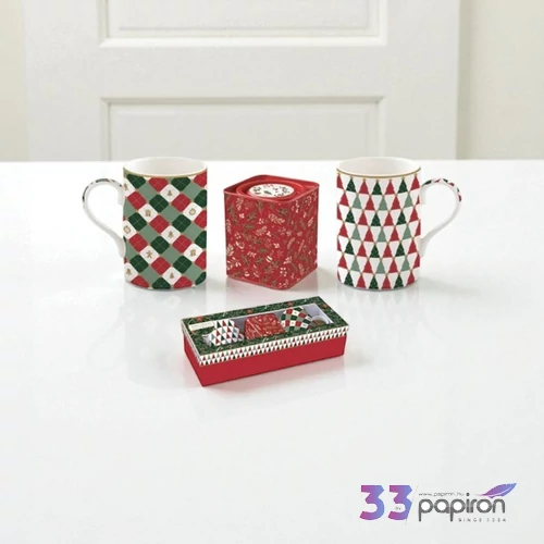 Bögreszett porcelán 3,5dl 7,5x7,5x9cm, ajándékszett Fancy Ch 2db+fémdoboz