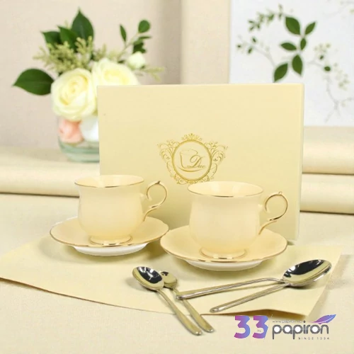 Csésze aljjal porcelán 260ml CLARK ECRU 2 db/szett Díszdobozban