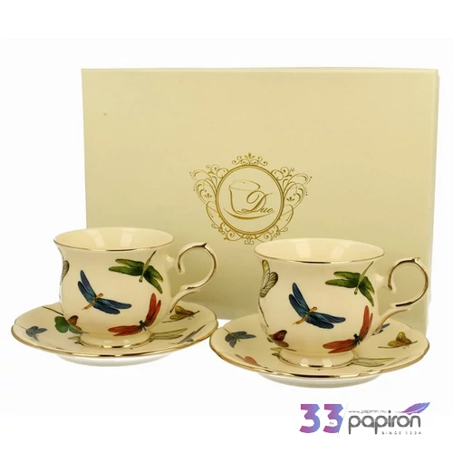 Csésze aljjal porcelán 260ml DRAGONFLIES ECRU 2 db /szett Díszdobozban