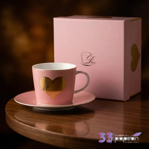 Csésze aljjal porcelán 250ml Pink - BIG HEART szíves Díszdobozban