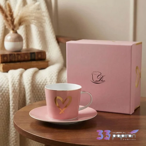 Csésze aljjal porcelán 250ml Pink - GOLD HEART-szíves Díszdobozban