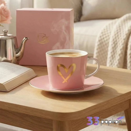 Csésze aljjal porcelán 250ml Pink - GOLD HEART-szíves Díszdobozban