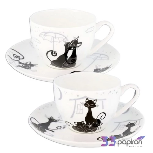 Csésze+alj Porcelán 2,5dl fekete macskás 2db-os dobozban