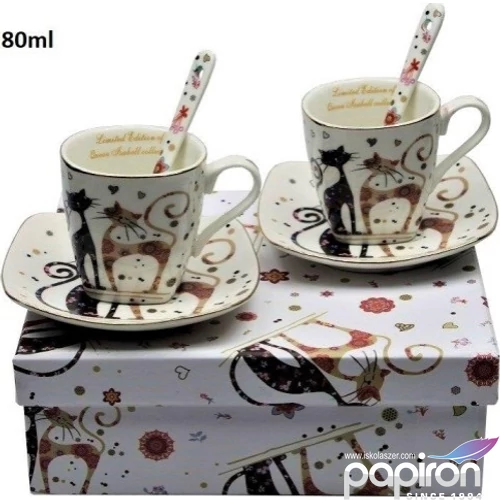 Csésze+alj Porcelán 80ml kanállal, fekete-barna virágos cicá 2db-os dobozban