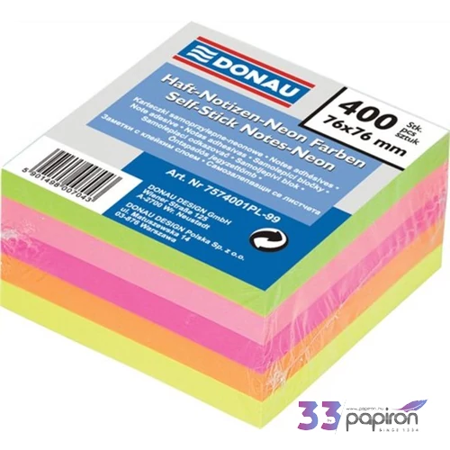 Öntapadós jegyzettömb 76x76 Donau neon mix -5szín- 400lap/csom 7574001PL-99