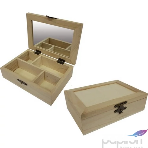 Fa dekorálható doboz natúr 4rekeszes tükrös csatos tető, 14x10x4cm GRAVÍROZHATÓ