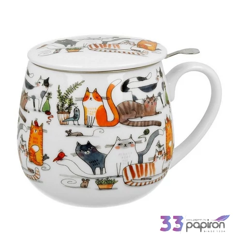 Bögre porcelán 430ml tetővel fémszűrővel dobozban Leniwe Koty