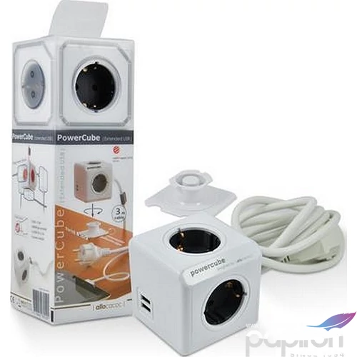 Elosztó 4 aljzat Allocacoc 1 rögzítő elem 2 USB csatlakozó 3m PowerCube Extended USB 3m cable DE