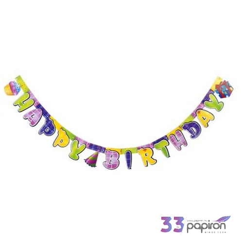 Party banner papír fűzér 1,6m Happy Birthday színes mintás muffinos