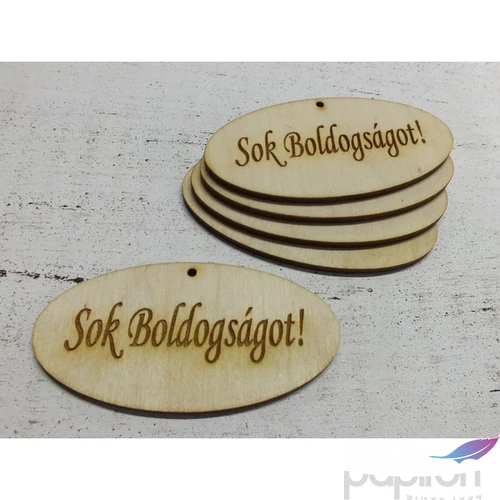 Fa felirat tábla Sok Boldogságot! ovál 4cmx8cmx3mm 5db/cs