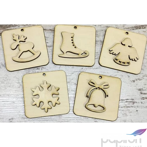 Fa figura dísz karácsonyi figurákkal 7cm - négyzet 5db/cs