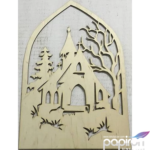 Fa figura téli táj templommal 40x27cm