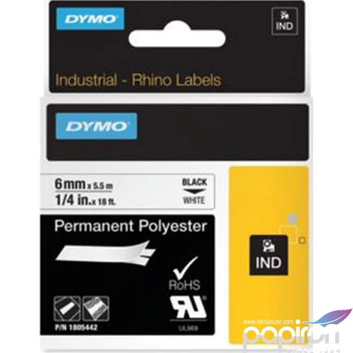 Feliratozó szalag Dymo tartós poliészter 6mmx5,5m Rhino fehér-fekete