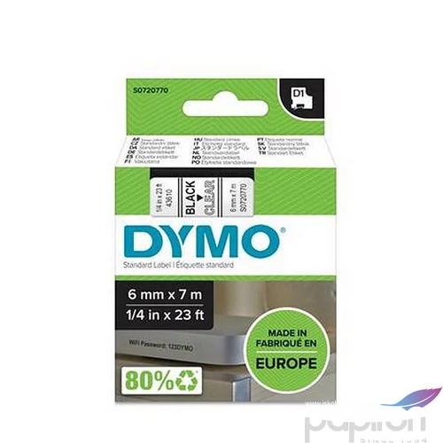 Feliratozógép szalag 6mm x 7 m, DYMO "D1", víztiszta-fekete GD43609