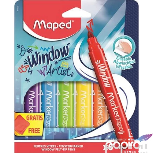 Filctoll készlet Maped Ablakfilc vastag, törlőkendővel, 5mm Marker`Peps, 6 különböző szín