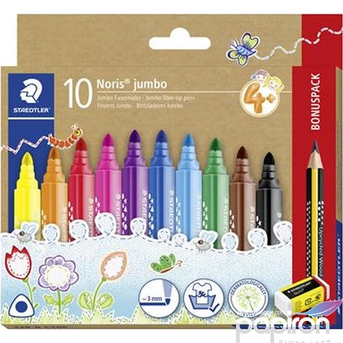Filctoll készlet Staedtler grafitceruzával, radírral, 3 mm Noris jumbo 328, 10+1 különböző szín