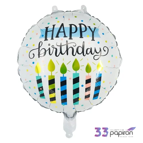 Fólia lufi Happy Birthday, fehér, gyertyás, gömb , 45 cm