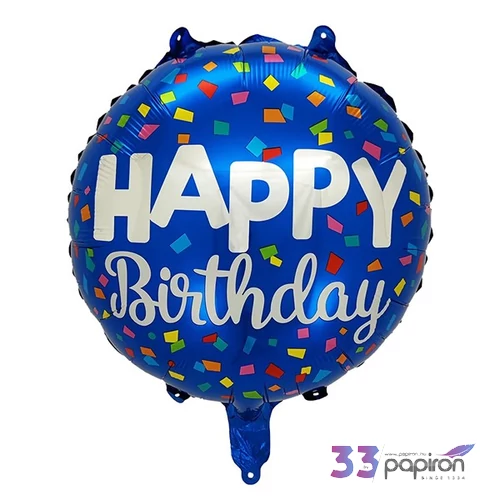 Fólia lufi Happy Birthday kék, konfettis, gömb 45 cm