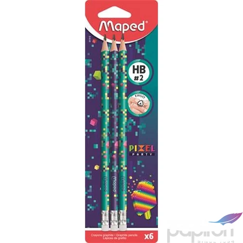 Grafitceruza HB Maped radírral, háromszögletű, Pixel Party 6 darab