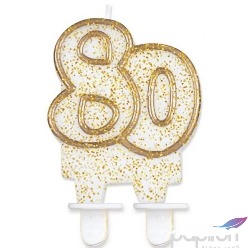 Party gyertya számos 80 fehér-arany szegős glitteres számgyertya Szülinapi - évfordulós tortadísz
