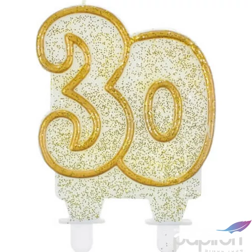 Party gyertya számos 30 fehér-arany szegős glitteres számgyertya Szülinapi - évfordulós tortadísz