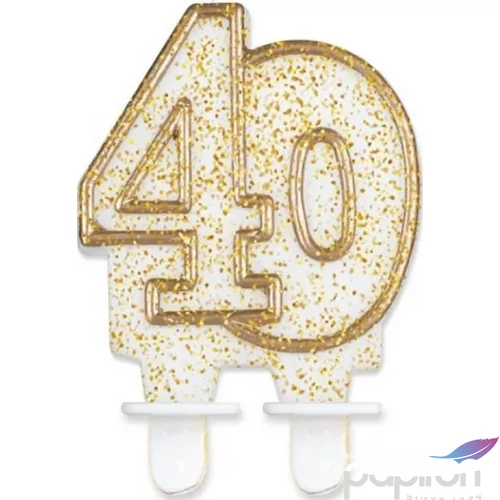 Party gyertya számos 40 fehér-arany szegős glitteres számgyertya Szülinapi - évfordulós tortadísz