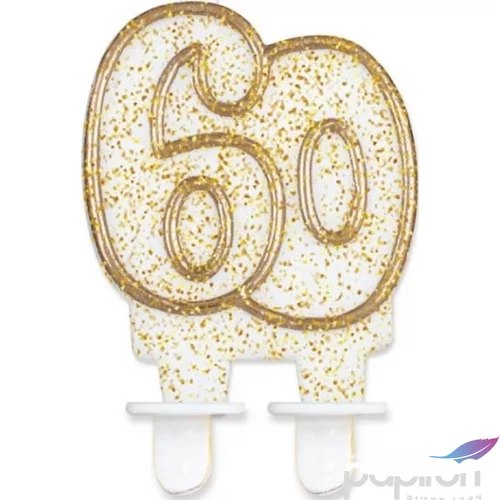 Party gyertya számos 60 fehér-arany szegős glitteres számgyertya Szülinapi - évfordulós tortadísz