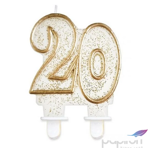 Party gyertya számos 20 fehér-arany szegős glitteres számgyertya Szülinapi - évfordulós tortadísz