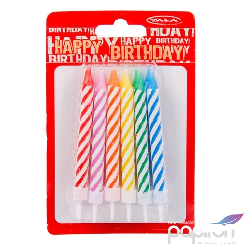 Party gyertya szülinapi szett 12db színes spirálos-csíkos tortagyertya [5996033697926] Happy Birthday!