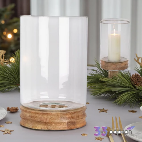 Gyertyatartó üvegbúrával '24 mangófából és üvegből20,5x20,5x35 cm kpm
