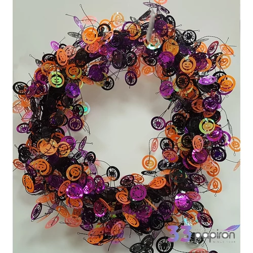 Halloween Koszorú dekor 51cm ajtódísz pók tökfej dekorral lila-fekete lila-fekete-narancssárga