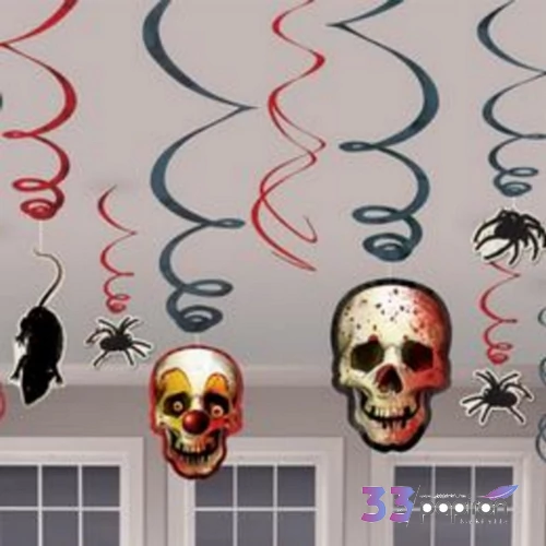 Halloween függő dekoráció koponyás, patkányos, pókos spirálos 12db-os