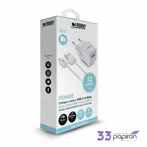 Hálózati töltő 1xUSB-A 12W USB-A–USB-C kábel URBAN FACTORY