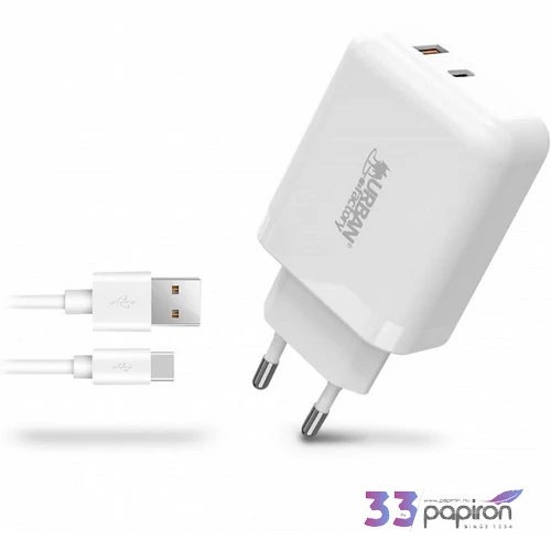 Hálózati töltő 1xUSB-A (18W) 1xUSB-C (45W) USB-A–USB-C kábel URBAN FACTORY