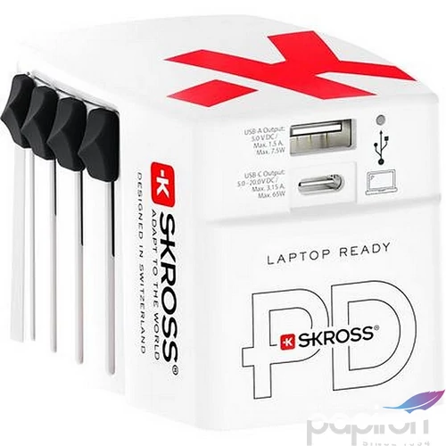 Hálózati töltő világutazóknak 1xUSB-A 1xUSB-C PD 65W USB-C kábel SKROSS