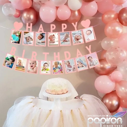 Party Happy birthday fűzér Fénykép tartós pink, 3 m
