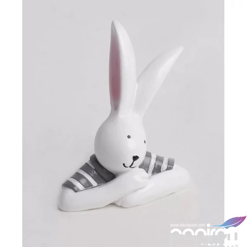 Húsvéti dekor kerámia nyuszi, könyöklő, csíkos pólóban fehér/szürke 7,2cm