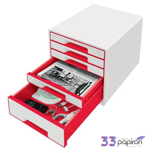 Irattároló műanyag Leitz 5 fiókos, Wow Cube, fehér/piros E52142026