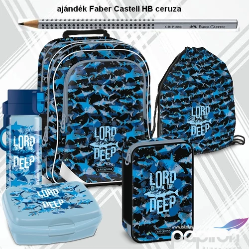 Iskolatáska szett Ars Una 24 Lord of the Deep cápa táska, tolltartó, kulacs, uzsonnásd tornazsák